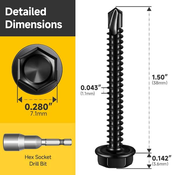 #8 x 1-1/2 in. Black Oxide 410 Stainless Steel Hex Washer Head Self Drilling Sheet Metal Screws (100-Pack)