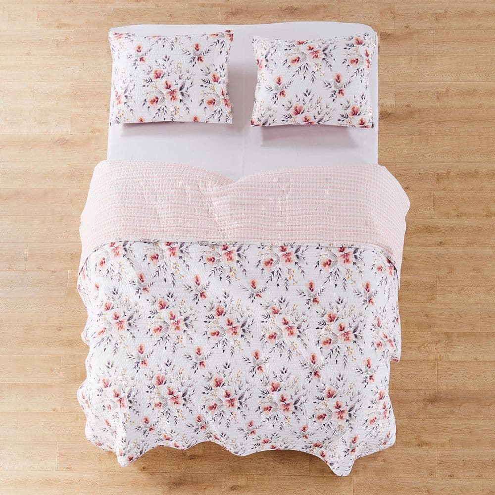 Pink Floral Reversible Microfiber Twin Quilt Set