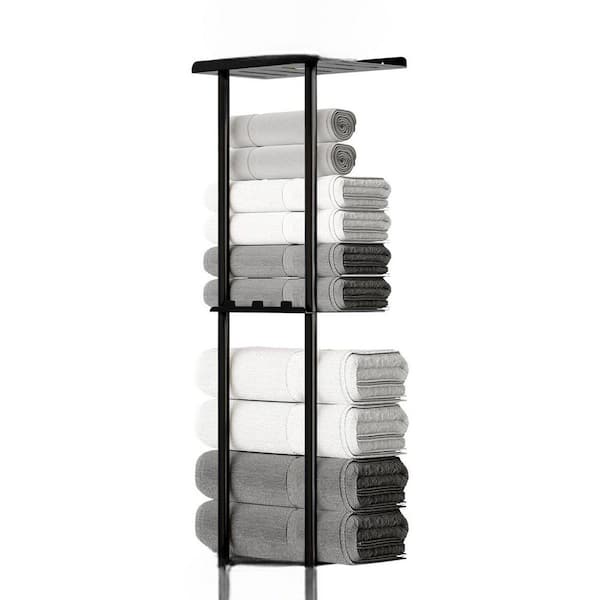 3-Piece 3-Tier Towel Rack with Shelf & 6 Hooks in Black Wall Mounted Towel Storage Organizer Sturdy Metal Design