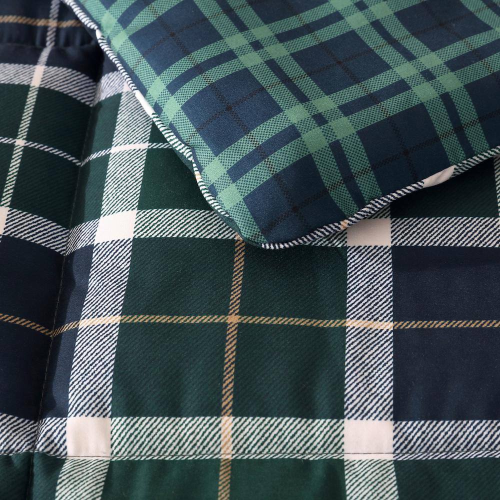 Green and Navy Plaid Full/Queen Duvet Cover Set with Shams