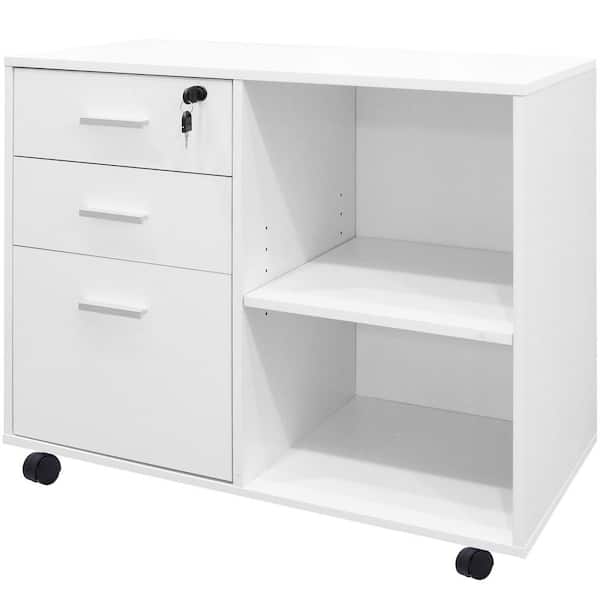 The Basket Lady 3-Drawer White Mobile Wood File Cabinet with Lock ...