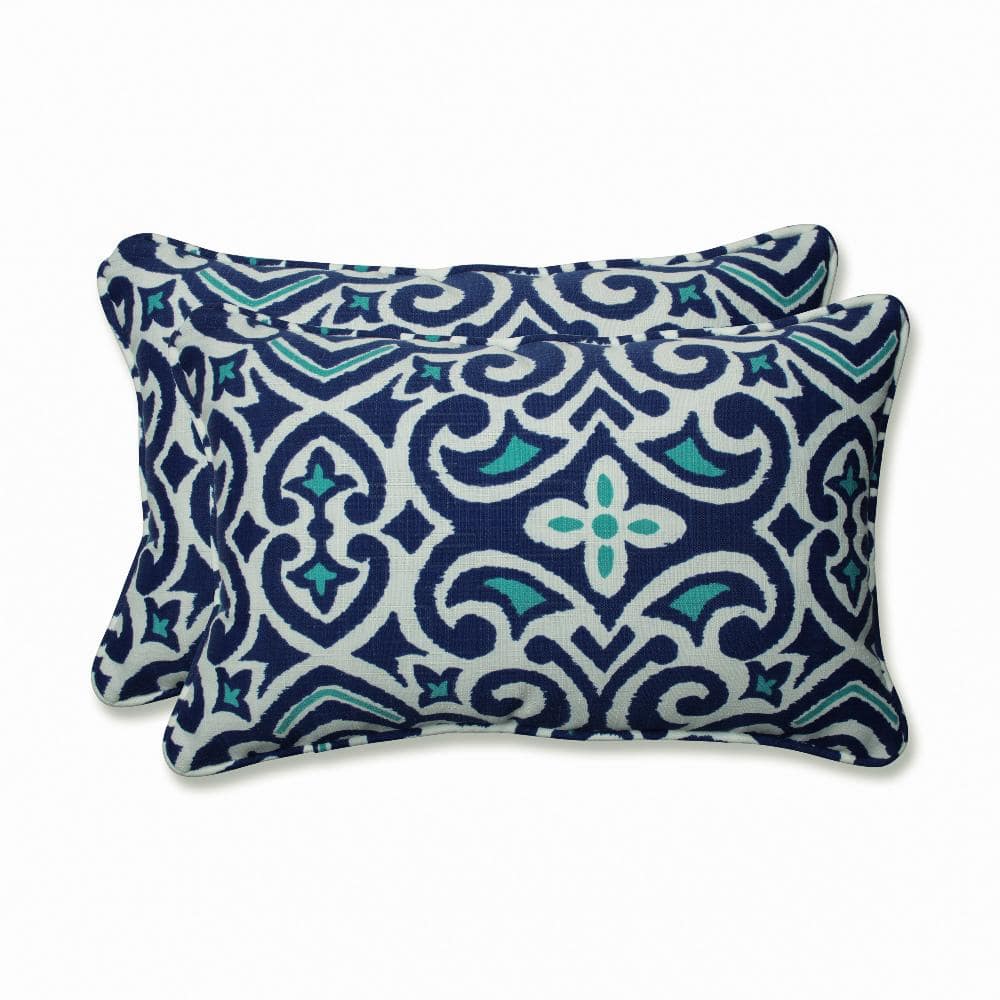 Blue and White Damask Rectangular Outdoor Throw Pillows, Set of 2