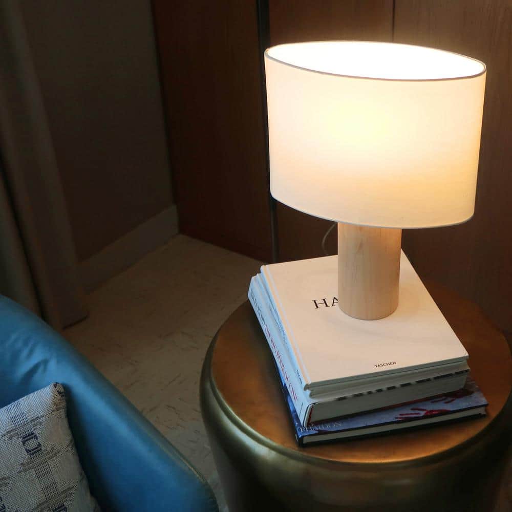 Mia 15.75" White LED Table Lamp with Maple Wood Base