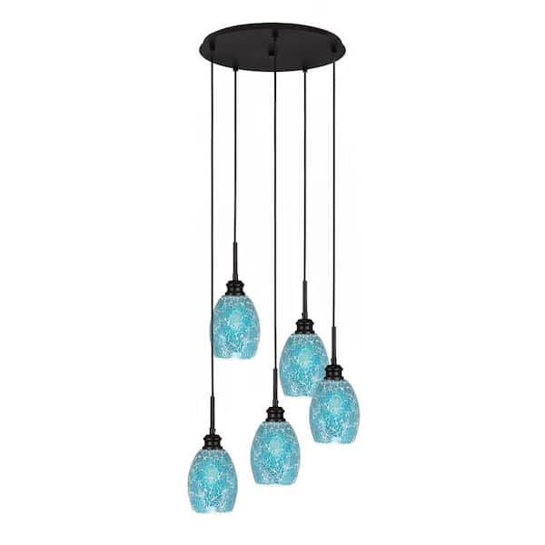 Unbranded Albany 60-Watt 17.75 in. 5-Light Espresso Cord Pendant Light Turquoise Fusion Glass Shade No Bulbs included