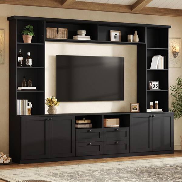 Farmhouse Black TV Stand Fits TV's up to 70 in. Entertainment Center with Drawers and Adjustable Shelves