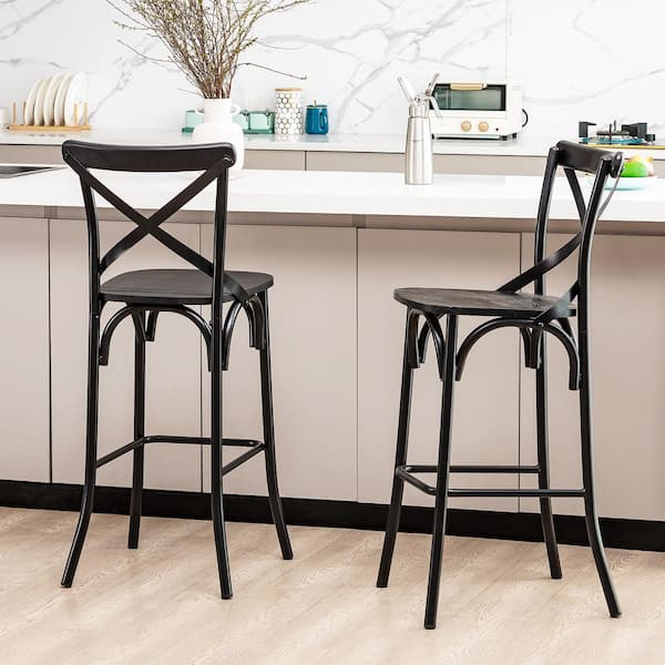 43.00 in. H Black Steel Bar Stool with Solid Elm Wood Seat and High Back Support (Set of 2)