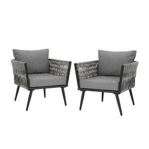 Oceanus Black Aluminum and Light Gray Wicker Armed Outdoor Lounge Chair with Dark Gray Cushions (2-Pack)