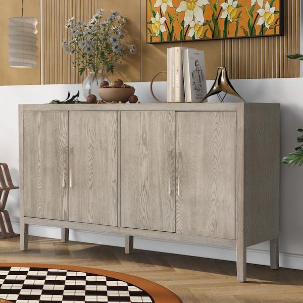 Harper & Bright Designs Gray Wood 60 in. Sideboard with Metal Handles and Adjustable Shelves