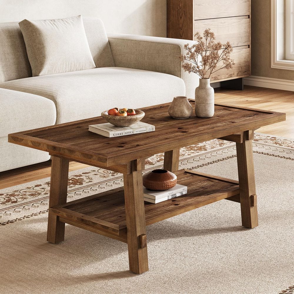 Kerlin 47 in. Brown Rectangle Solid Wood Coffee Table with Open Storage Shelf