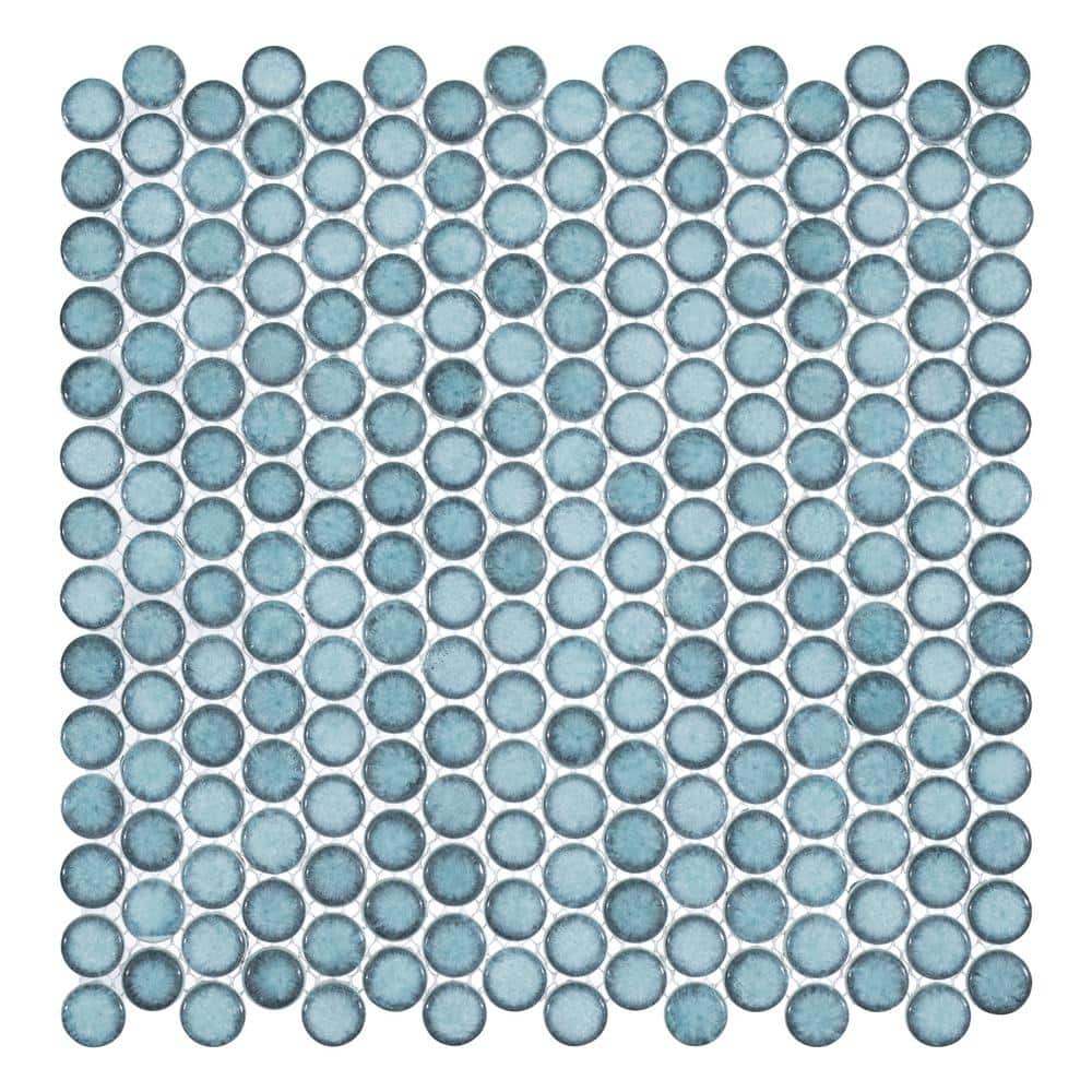 Honoro Bulbi Teal Dark Green Glossy 11-15/16 in. x 12-1/8 in. Penny Round S