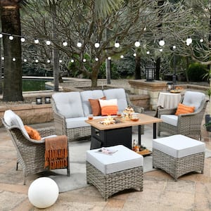 Tulip A Gray 6-Piece Wicker Patio Storage Fire Pit Conversation Sofa Set with Gray Cushions