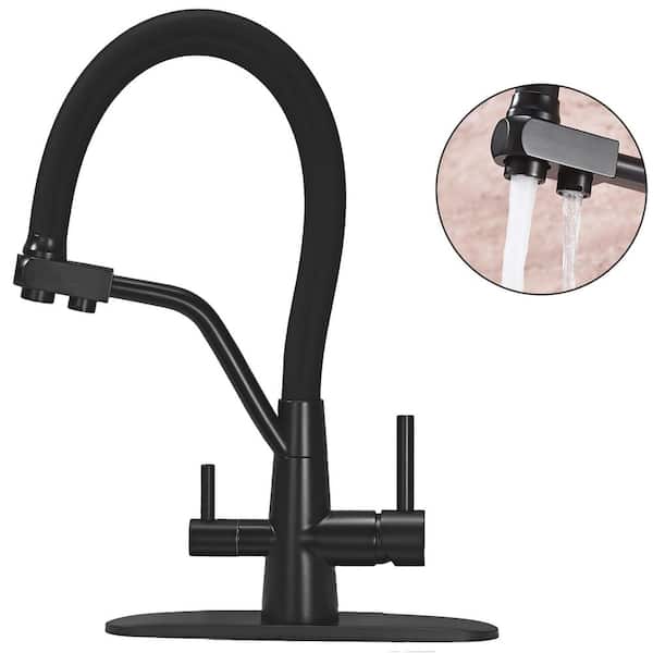 2-in-1 Double Handle Pull Down Sprayer Kitchen Faucet with Beverage Faucets in Stainless Steel Matte Black Finished