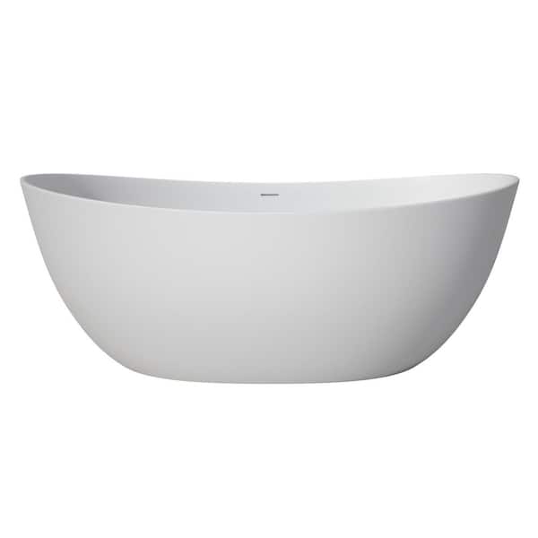 65 in. Stone Resin Flatbottom Solid Surface Freestanding Soaking Bathtub in White with Drain