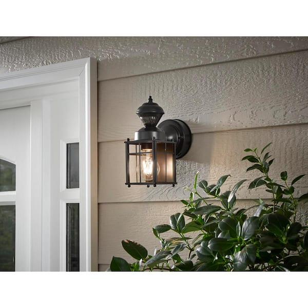 Bayside 9.5 in. 1-Light Farmhouse Matte Black Motion Sensing Outdoor Wall Light Lantern Sconce with Clear Glass Shade