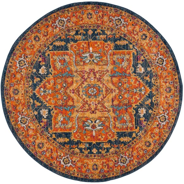 SAFAVIEH Evoke Blue/Orange 5 ft. x 5 ft. Round Border Area Rug