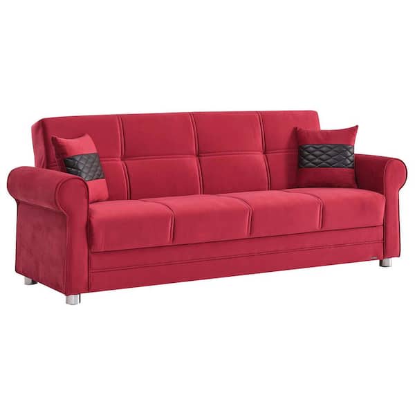 Ottomanson Alex Collection Convertible 89 in. Burgundy Microfiber 3-Seater Twin Sleeper Sofa Bed with Storage