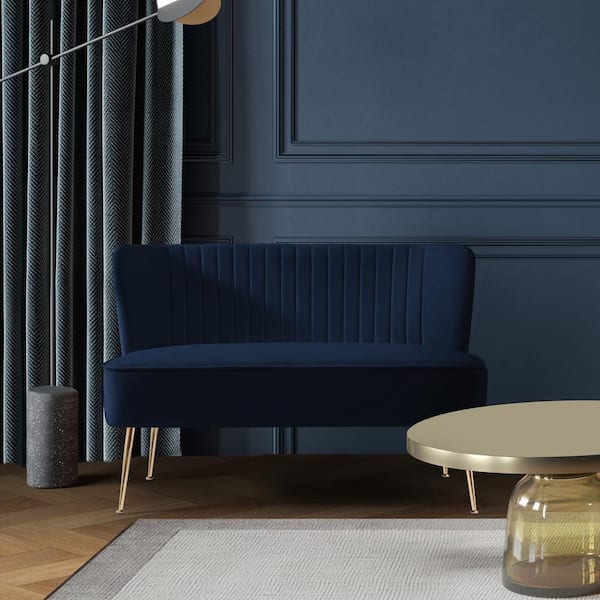 Farrah 46 in. Wide 2-Seater Velvet Upholstered Armless Wingback Loveseat Settee, Navy Blue