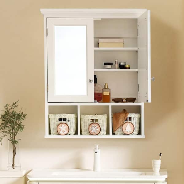 White Rectangular MDF Medicine Cabinet with Mirror , Adjustable Shelves and 3-free Brasket (24.75 in. W x 30.25 in. H)