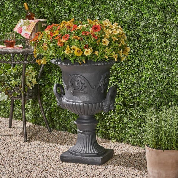 18.75 in. W x 28.25 in. H Black Composite Magnesium Oxide Garden Urn Planter for Flowers, Herbs, Succulents, Vegetables