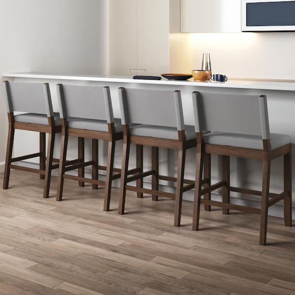 Nathan James Linus 36 in. Modern Upholstered Wood Counter Bar Height Bar Stool with Back, Light Grey/Brown, Set of 4