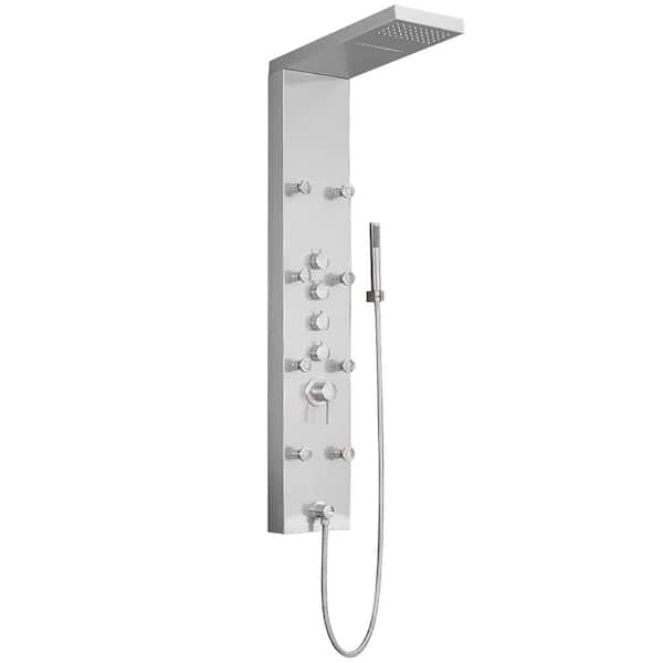 BWE 8-Jet Rainfall Shower Tower Shower Panel System with Rainfall Waterfall Shower Head and Shower Wand in Brushed Nickel