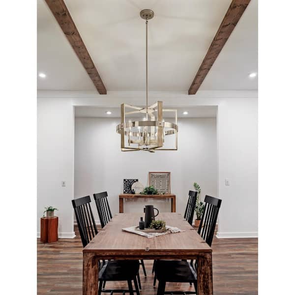 Peyton 26 in. 5-Light White Washed Wood and Nickel Farmhouse Candle Square Chandelier for Dining Room