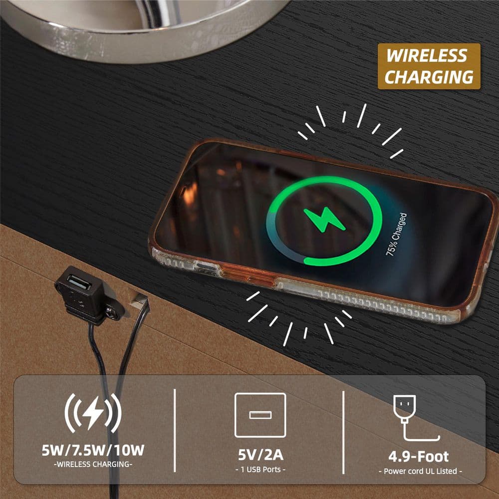Black Modern 2-Drawer Nightstand with Wireless Charging