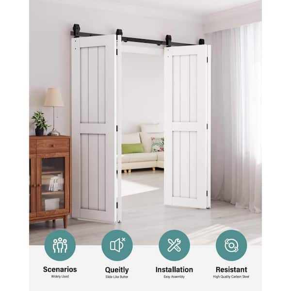 5 ft. /60 in. J Shape Frosted Black Top Mount Bi-Fold Sliding Barn Door Hardware Track Kit for 4-Doors
