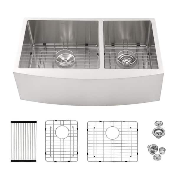 33 in. Farmhouse Double Bowl (60/40) 16-Gauge Brushed Nickel Stainless Steel Kitchen Sink with Steel Dish Grid and Drain