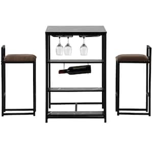 3 of Pieces, Rectangle, MDF+PVC Top, Black, Bar Dining Table Set, 2 Upholstered Bar Stools/Chairs, Storage