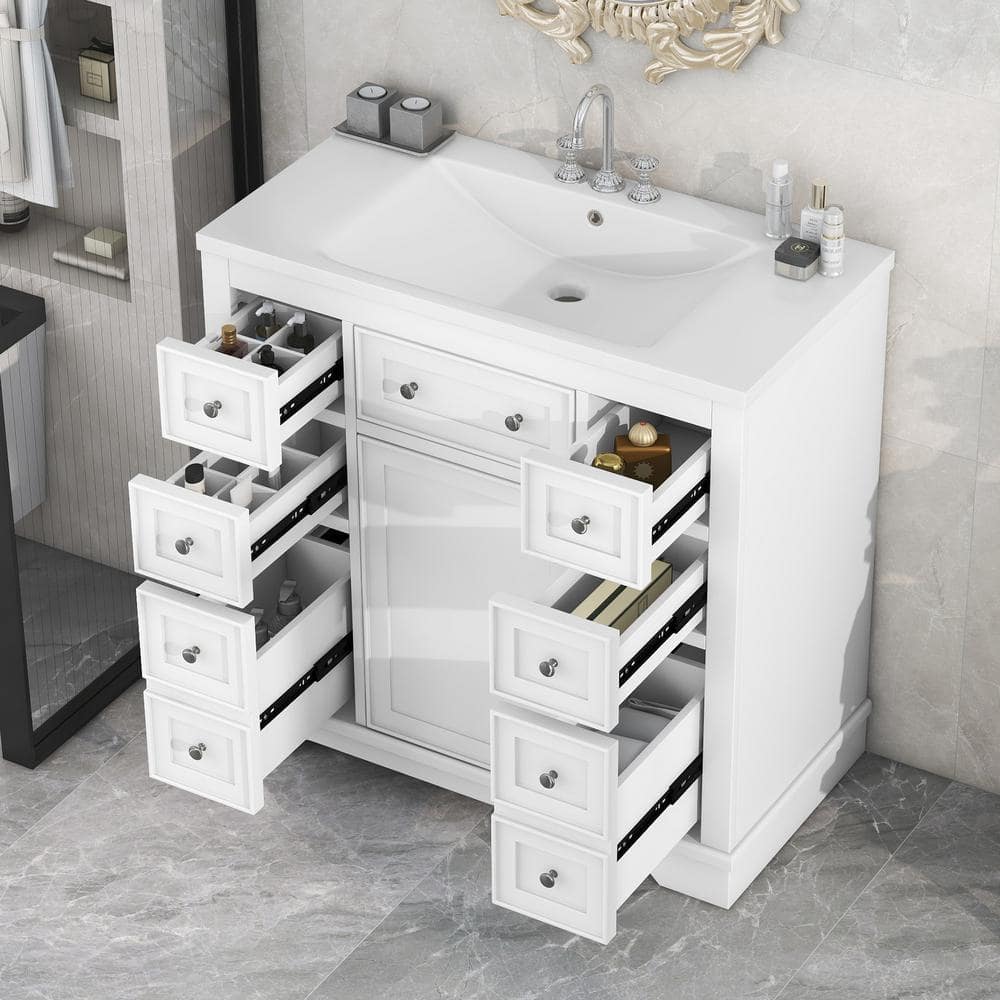 White MDF Bathroom Vanity with Ceramic Sink and Six Drawers