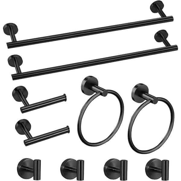 Unbranded 10-Pieces Stainless Steel Bath Hardware Set 24 in. Towel Bar, Ring, Robe, Hook, Toilet Paper Holder in Matte Black