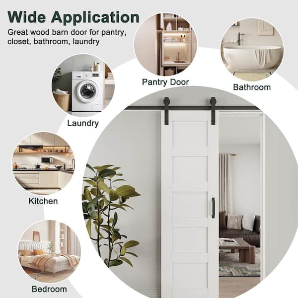 64 in. x 96 in. Waterproof 5 Panel White MDF Easy Install Sliding No Assembly Required Barn Door Slab with Hardware Kit
