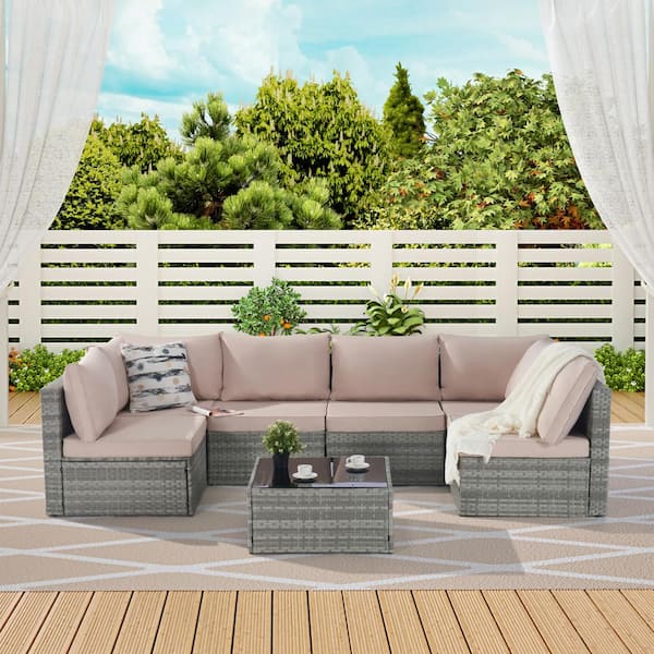 Runesay 7-Pieces Wicker Rattan Outdoor Furniture Sofa Sectional And Table Set with Beige Cushions