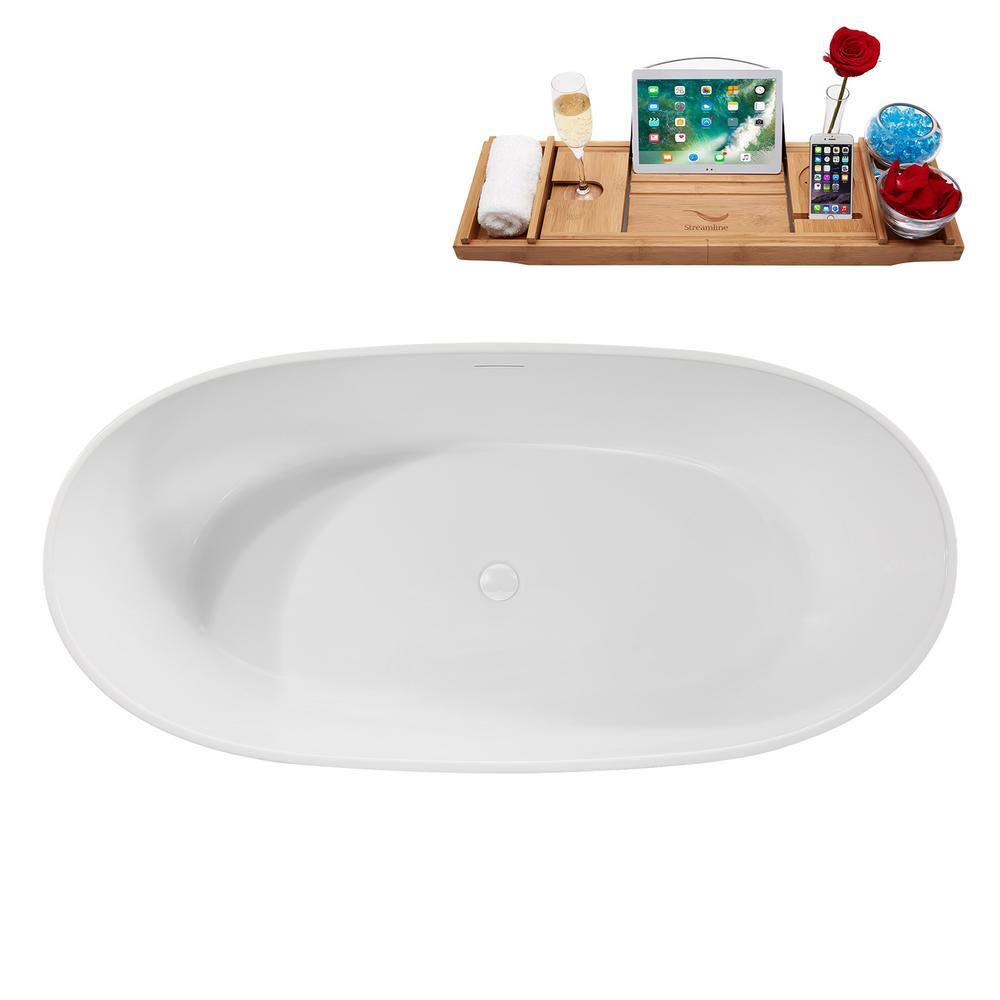 59" Glossy White Acrylic Freestanding Soaking Tub with Tray