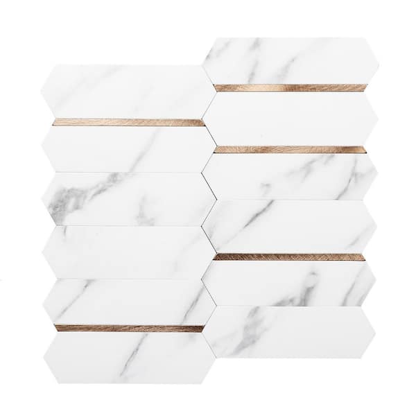 Peel and Stick White and Gold Mosaic Backsplash Tile 10 in. x 10 in. Vinyl Wall Tile 10-Pack, Cover (7.85 sq. ft.)