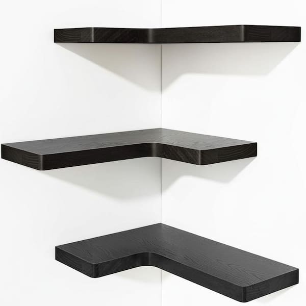 16 in. W x 11.4 in. D Black Corner Floating Shelves Set of 3, Solid Wood Decorative Wall Shelf