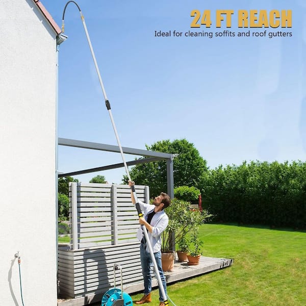 2 in 1 Gutter Cleaning Tools 12.8FT Adjustable Gutter Cleaning Tools from The Ground Gutter Cleaner Scoop Multi-Functional Gutter Cleaner Brush Easily Clear Roof Leaves Debris Roof Gutters