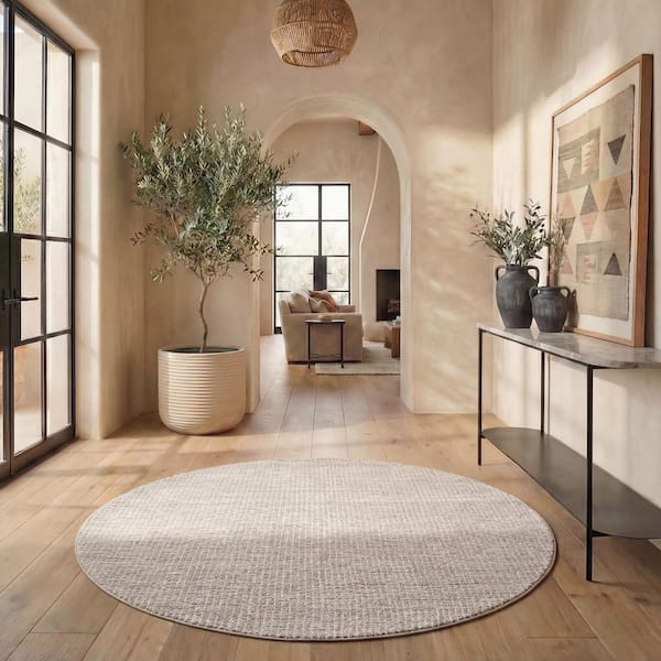 Abstract 10 ft. x 10 ft. Round Ivory/Gray Speckled Area Rug