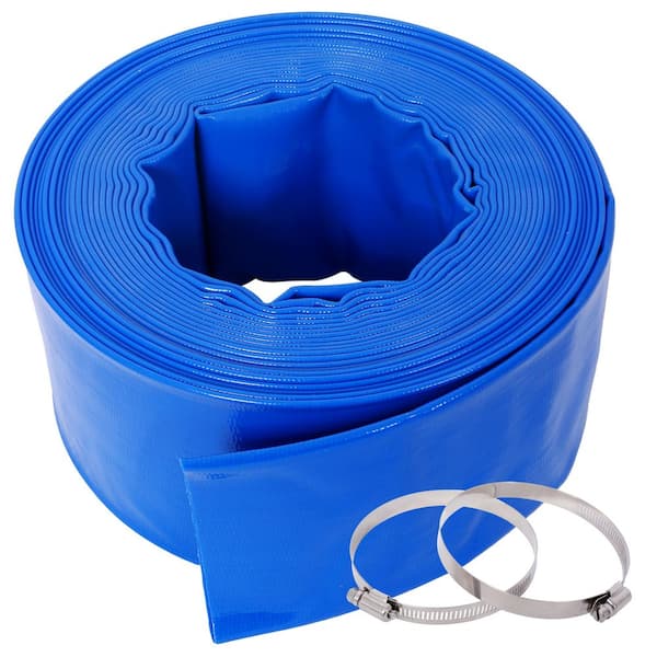 Blue 3"X50FT Pool Backwash Hose, PVC Lay Flat Water Discharge Discharge Hoses with 2 Clamp
