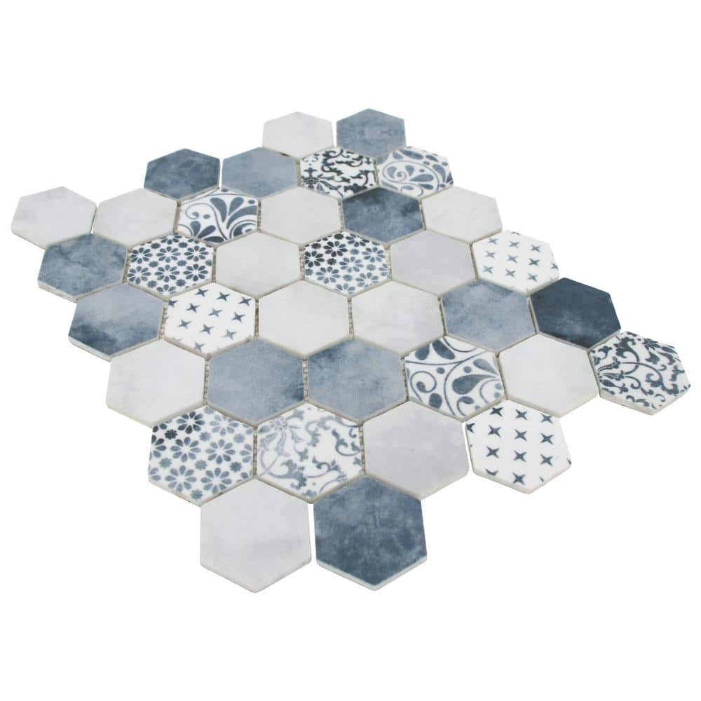 Blue and White Hexagon Recycled Glass Mosaic Tile