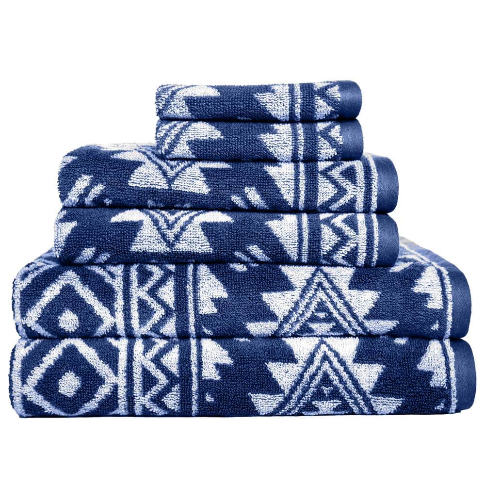 Diamond Zen 6Piece Navy Peony Jacquard Cotton Bath Towel Set