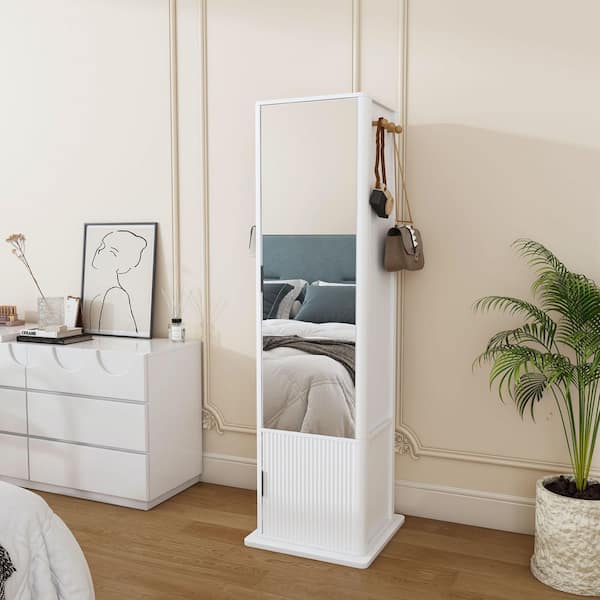 White MDF Wood 360° Rotating 19.7 in. W Jewelry Armoire with Full-Length Mirror, Coat Rack, and Built-In Storage