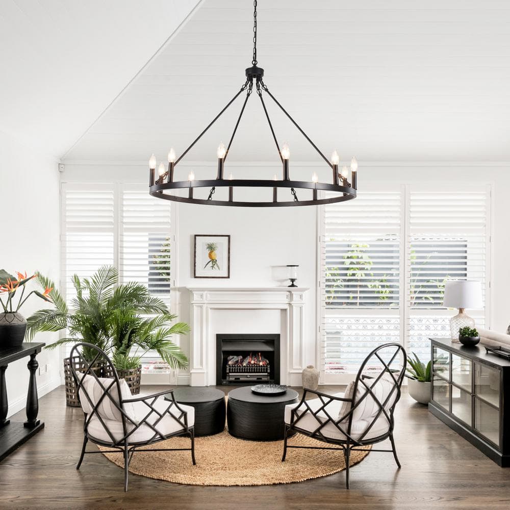 Matte Black 12-Light Candle Wagon Wheel Chandelier