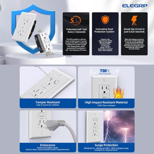 GFCI Outlet Self-Test, 15 Amp 125V Weather Resistant Duplex wall outlet, with Glossy Wall Plate, UL Listed, White 10PC