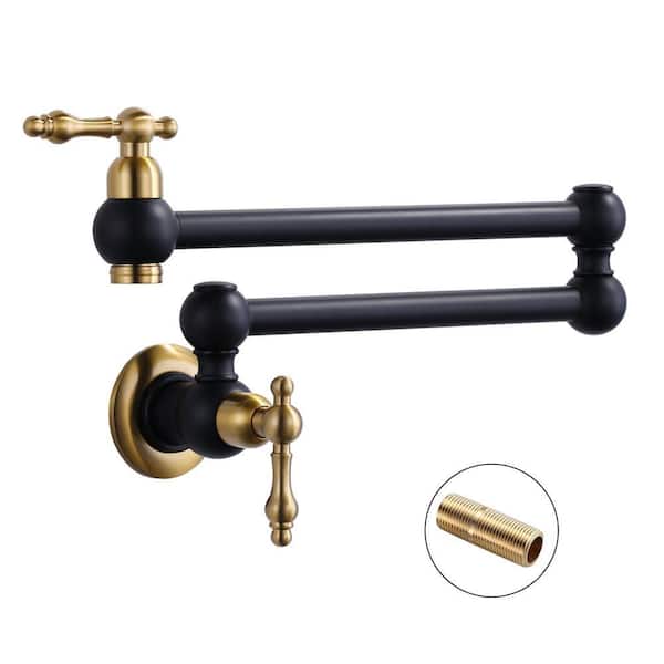 Brass Wall Mount Pot Filler with 2-Aerators and Brass Valve, Double Handle Single Hole Kitchen Faucet in Black and Gold