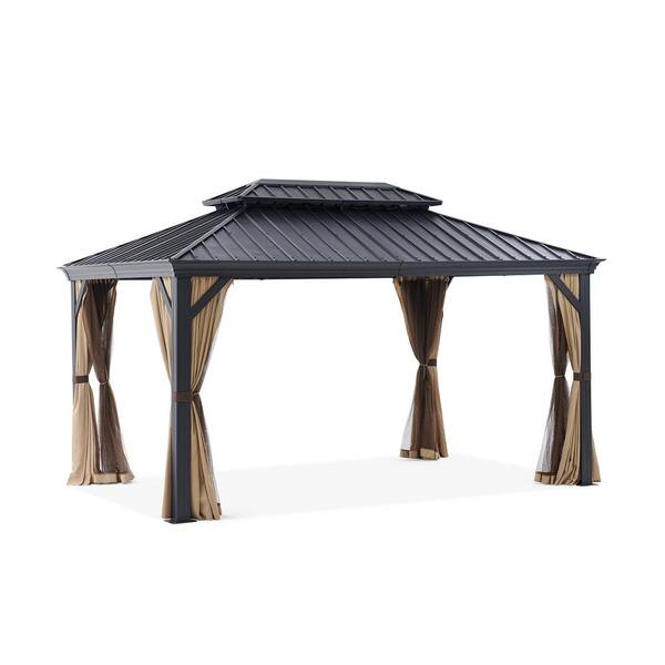 Barton 12 ft. x 10 ft. Diamond Black Outdoor Patio Gazebo Hardtop Panel Roof with Curtain and Mesh Netting