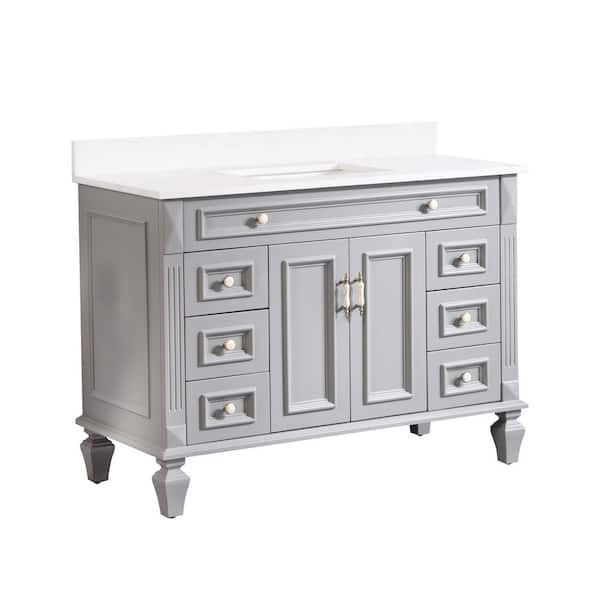 48 in Single Sink Freestanding Solid Wood Bathroom Vanity in Gray with White Quartz Top, Soft-Close, Full Assembled