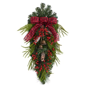 24 in. Unlit Artificial Holiday Christmas Pine Cones, Berry and Bells Swag