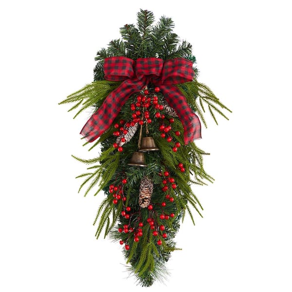 Nearly Natural 24 in. Unlit Artificial Holiday Christmas Pine Cones, Berry and Bells Swag